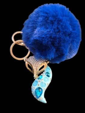 Glam Blue Fox Pom Charm Keychain Designer Style 2.5”